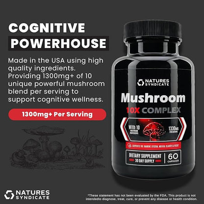 Mushroom Complex Supplement - Natural Brain Nootropic for Cognitive Wellness, Clarity, Focus, Memory & Immune System Support, 10 Mushroom Cordyceps, Reishi, Lions Mane, Turkey Tail