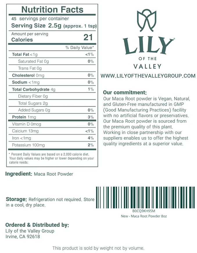 Lily of the Valley Maca Root Powder - Great Superfood for Breakfast, Smoothies & Baking - Premium Grade - Gelatinized for Easy Digestion - Vegan & Gluten-Free - Packed in Resealable Pouch (8oz, 226g)