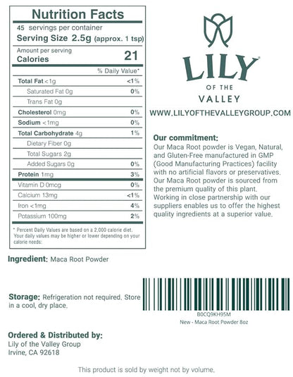 Lily of the Valley Maca Root Powder - Great Superfood for Breakfast, Smoothies & Baking - Premium Grade - Gelatinized for Easy Digestion - Vegan & Gluten-Free - Packed in Resealable Pouch (8oz, 226g)