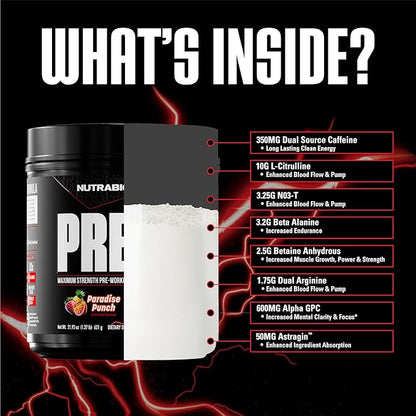 NutraBio PRE Workout Powder - New Formula- Sustained Energy, Mental Focus, Endurance - Beta Alanine, Caffeine, Electrolytes - 20 Servings - Paradise Punch