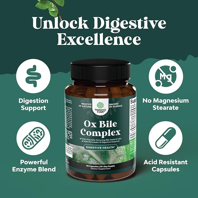 Digestive Enzymes with Ox Bile - Ox Bile Supplements for No Gallbladder with Trypsin, Papain & Bromelain Enzyme for Pancrease Cleanse & Detox - Pancreatin Digestion Enzymes for Women & Men - 90 Ct