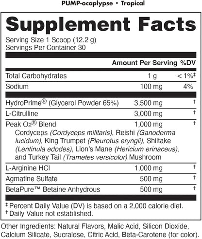 Pump-ocalypse Tropical | Nitric Oxide and L Arginine Supplement with Citrulline Malate, GlycerPump | Ultimate N.O. Booster | Lean Muscle Support for Blood Flow, Vascularity, Hydration and Endurance