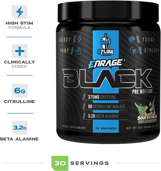 eFlow Nutrition Enrage Black High Stimulant Pre Workout Supplement - Preworkout Powder to Boost Energy, Pumps and Strength - 4 Flavors (30 Servings) (Sour Watermelon)