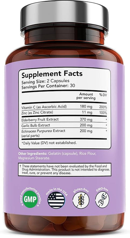 Vitamin Bounty Elderberry Immune Support - with Zinc, Vitamin C & Echinacea, Advanced 5-in-1 Blend, Powerful Antioxidant, Supports Whole Body Balance, Non-GMO - 60 Capsules, 2 Pack
