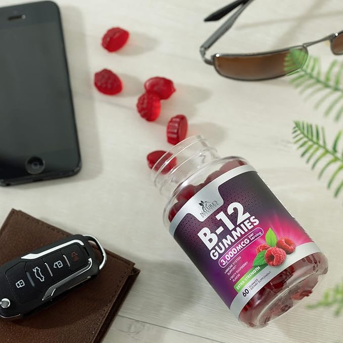 B12 Gummies for Adults, Extra Strength Energy 3000 mcg - B-12 Energy Metabolism & Immune System Support - Chewable Dietary Supplement for Adults & Kids Caffeine Free Gummy Vitamin - 60 Gummies