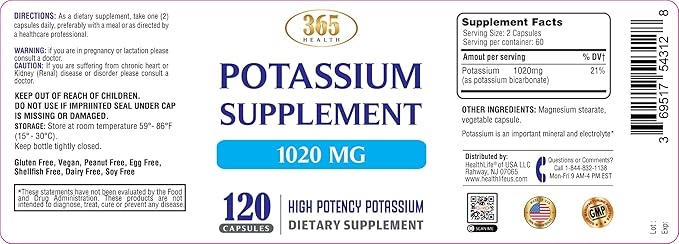 365 Health Potassium Supplement 1020 mg | Potassium Bicarbonate | Non-GMO | Gluten Free | Made in USA | 120 Vegetarian Capsules
