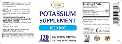 365 Health Potassium Supplement 1020 mg | Potassium Bicarbonate | Non-GMO | Gluten Free | Made in USA | 120 Vegetarian Capsules