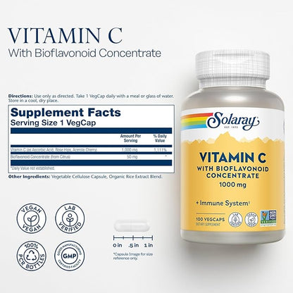 SOLARAY Vitamin C with Bioflavonoid Concentrate - Rose HIPS, Acerola Cherry and Bioflavonoids - Vitamin C 1000mg - Immune Function, Skin, Hair, Nails Support - Vegan - 100 Servings, 100 VegCaps