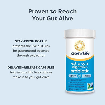 Renew Life Extra Care Probiotic Capsules, Daily Supplement Supports Immune, Digestive and Respiratory Health, L. Rhamnosus GG, Dairy, Soy and gluten-free, 30 Billion CFU, 60 Count