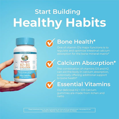 MaryRuth Organics Calcium with Vitamin D & Vitamin K2, 2 Month Supply, Calcium Supplement Supports Bone Health & Joint Support, with Vitamins D3 K2 Gummies, Vegan, Non-GMO, Gluten Free, 60 Count