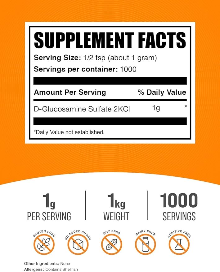 BulkSupplements.com Glucosamine Sulfate Powder - Glucosamine Supplement, Joint Support Supplement - Gluten Free, 1g per Serving, 1kg (2.2 lbs) (Pack of 1)