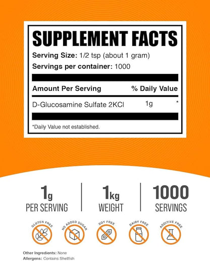 BulkSupplements.com Glucosamine Sulfate Powder - Glucosamine Supplement, Joint Support Supplement - Gluten Free, 1g per Serving, 1kg (2.2 lbs) (Pack of 1)