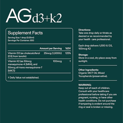 AG1 Vitamin D3 K2 Drops, 1000IU of Vitamin D3 and 100mcg of K2 per Serving, Supports Bone Density and Calcium Absorption (Athletic Greens)