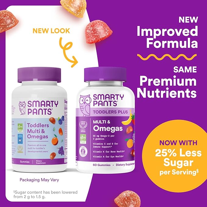 SmartyPants Toddler Multivitamin Gummies - Improved Formula: Omega 3 (DHA/EPA), Vitamins D3, C, Vitamin B12, B6, A, K & Zinc, Biotin, Gluten Free, Three Fruit Flavors, 60 Count (30 Day Supply)