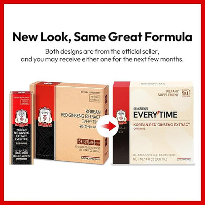 Everytime Korean Red Ginseng Extract 3000mg (Original) - Adaptogen Energy Drink Sugarless Liquid Stick Supplements - Energy Boost & Immune Support, Caffein Free 0.34 Fl Oz (Pack of 30)