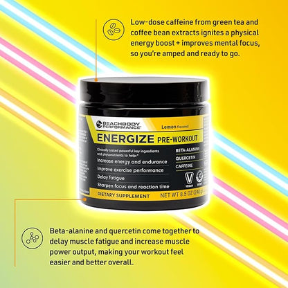 BODi Energize Pre Workout Powder - Beta-Alanine, Quercetin & Low-Dose Caffeine Formula for Enhanced Energy & Focus, Increase Energy & Endurance Supplement, Lemon Flavored, 40 Servings