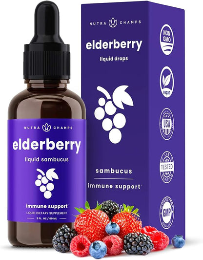 NutraChamps Black Elderberry Syrup, Potent 2000mg 10:1 Extract Sambucus Elderberry Syrup Antioxidant, Elderberry Drops Berry Flavor, Liquid Elderberry Extract Sugar-Free 2oz, Immune Support
