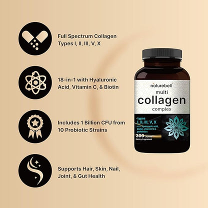 NatureBell Multi Collagen Complex, 300 Capsules | 5 Collagen Peptides (Type I, II, III, V, X) Plus Hyaluronic Acid, Biotin, Vitamin C, & Probiotics – Hair, Skin, Nail, Joint, & Gut Health Support