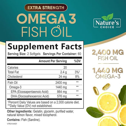 Triple Strength Omega 3 Fish Oil Supplement, EPA & DHA Fish Oil Omega 3 Essential Fatty Acids Supplement Softgels, 2400 mg Brain & Heart Health Support Supplements, Gluten Free, Non-GMO, 120 Softgels
