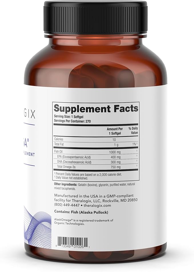 Theralogix TherOmega Omega-3 Fish Oil Supplement - Supports Heart, Brain, Immune & Joint Health* - 700 mg DHA & EPA from Wild Alaska Pollock - Sustainably Sourced - NSF Certified - 270 Softgels