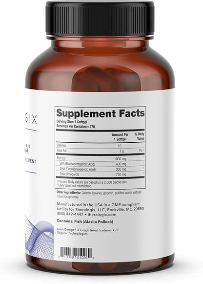 Theralogix TherOmega Omega-3 Fish Oil Supplement - Supports Heart, Brain, Immune & Joint Health* - 700 mg DHA & EPA from Wild Alaska Pollock - Sustainably Sourced - NSF Certified - 270 Softgels