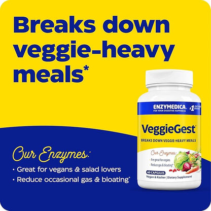 Enzymedica VeggieGest, Digestive Enzymes for Vegan, Vegetarian and Raw Diets, Prevents Gas and Bloating, 60 Count