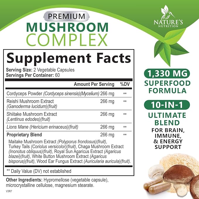 Mushroom Supplement 10 in 1 High Strength Lions Mane Mushroom - Turkey Tail, Reishi, Cordyceps, Chaga & Mushrooms Nootropic Brain Supplements for Memory & Focus Support, Mushroom Complex, 120 Capsules