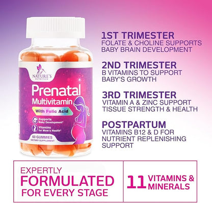 Prenatal Gummy with Folic Acid, Prenatal Vitamins and Minerals for Fetal Support, Vitamin A, C, D3, B12, B6 & Folate, Prenatal Multivitamin for Pregnant & Nursing Women - 60 Gummies, 30 Day Supply