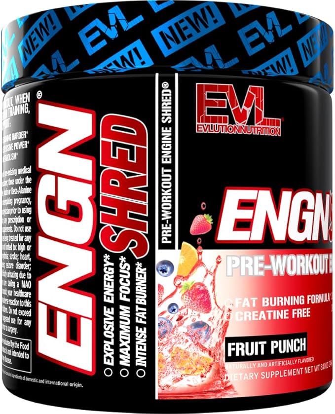 EVL Ultimate Pre Workout Powder - Thermogenic Fat Burn Support Preworkout Powder Drink for Lasting Energy Focus and Stamina - ENGN Shred Intense Creatine Free Preworkout Drink Mix - Fruit Punch