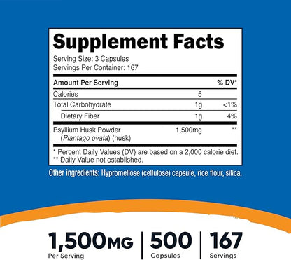 Nutricost Psyllium Husk 1500mg Per Serving, 500 Capsules - Non-GMO & Gluten Free