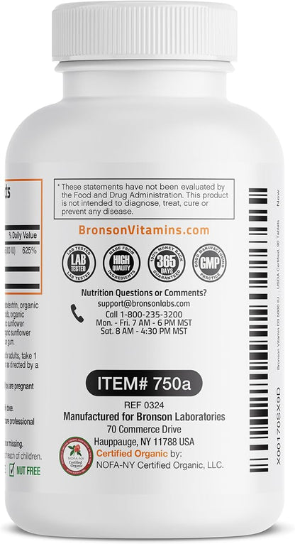 Bronson Vitamin D3 5000 IU Certified Organic Vitamin D Supplement, Non-GMO, USDA Certified, 90 Tablets
