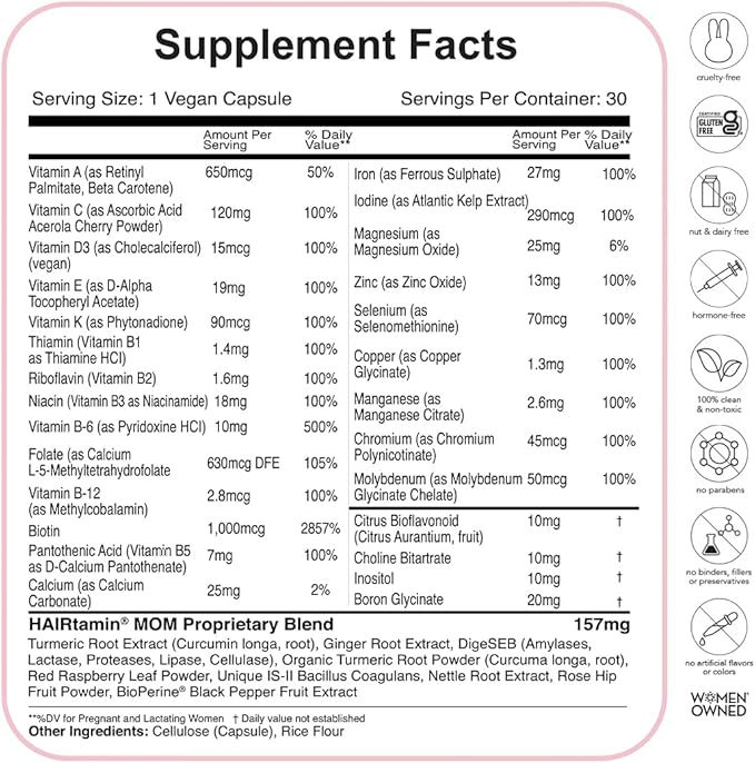 HAIRtamin MOM Vegan Prenatal & Postnatal Multivitamin Capsules & Hair Growth Vitamins, Postpartum, Breastfeeding, Hair Nails, and Skin Vitamins for Women with Biotin, Zinc, Iron (3-Pack), 90.0 Count