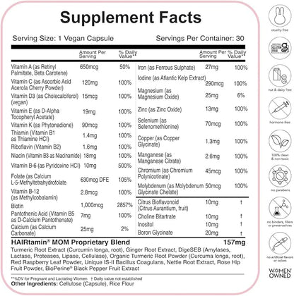 HAIRtamin MOM Vegan Prenatal & Postnatal Multivitamin Capsules & Hair Growth Vitamins, Postpartum, Breastfeeding, Hair Nails, and Skin Vitamins for Women with Biotin, Zinc, Iron (3-Pack), 90.0 Count