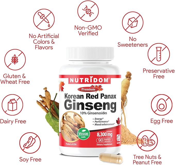 Panax Ginseng Korean-Red 8,300mg per Day, 10% Ginsenosides, Non-GMO, Vegan, Gluten-Free, Soy-Free, and Dairy-Free, 90 Veggie Capsules