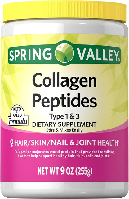 Collagen Peptides Powder 255g (9 Oz) - Hydrolyzed Protein(Type I & III) Keto Collagen Powder for Women & Men - Hair, Skin and Joints by Spring Valley (Pack of 1)