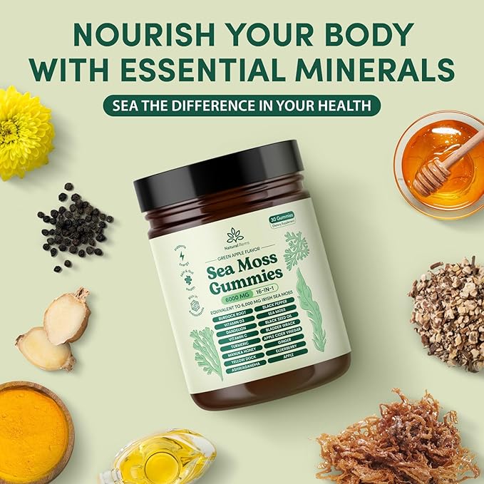 Sea Moss Gummies 16-in-1 - Ashwagandha Black Seed Oil Bladder Wrack Turmeric Vitamin C & D3 with Manuka Burdock Root Dandelion Yellow Dock Elderberry Apple Cider Vinegar (Green Apple)