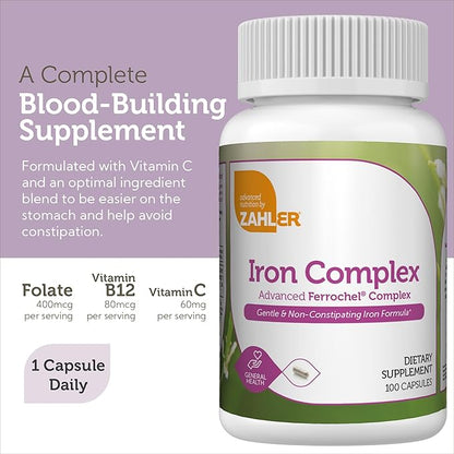 Zahler - Iron Supplement with Vitamin C - Capsule Iron Pills for Women and Men - High Absorption, Easy on Stomach, Kosher Ferrous Iron Supplements with Vitamins C, B12, Folate & More - 100 Count
