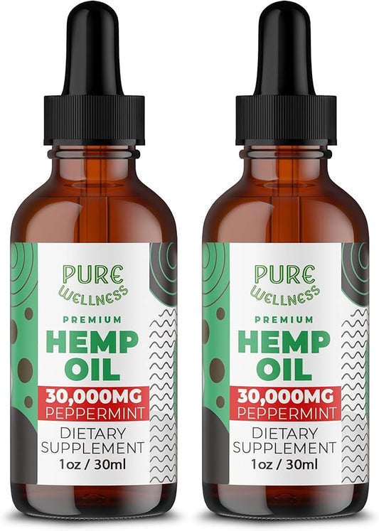 Pure Wellness Organic Hemp Seed Oil (2 Oz), Peppermint Flavor, High Potency 30,000 mg - Non-GMO, Vegan