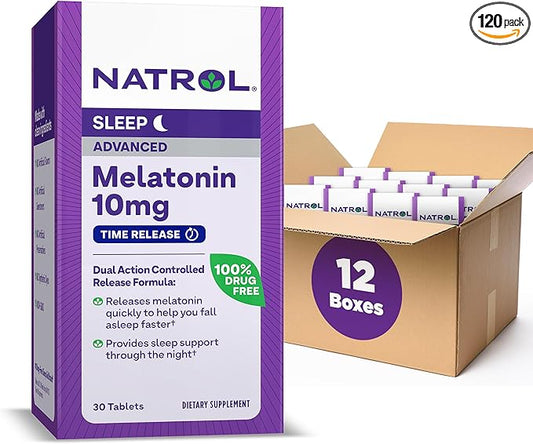 Natrol Advanced Sleep Melatonin 10mg, Dietary Supplement for Restful Sleep, Time Release Melatonin Tablets, 30 Time-Release Tablets, 30 Day Supply (Pack of 12)