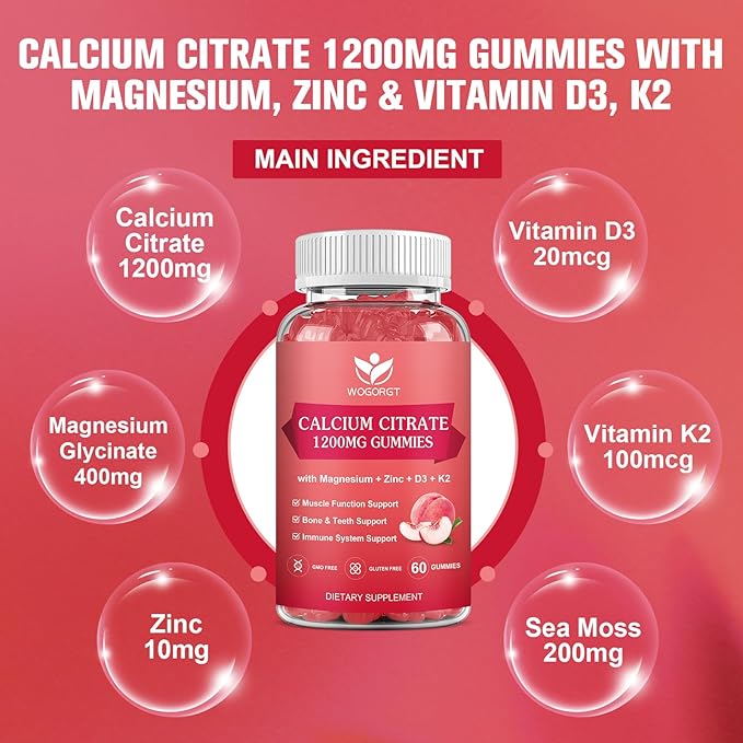 Calcium Citrate 1200mg Gummies with Vitamin D3, K2 - Chewable Calcium Magnesium Zinc d3 Supplement with Sea Moss Extract for Bone, Teeth, Immune Support for Women & Men, Peach Flavor-60 Gummies(3Pack)