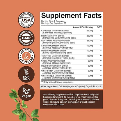 Advanced Mushroom Complex Capsules - 10X Lions Mane Supplement Capsules with Reishi, Chaga , Maitake & Shiitake for Brain Health, Memory Support & Focus - Nootropic for Mental Clarity - 120 Caps
