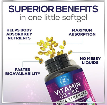 Vitamin D3 K2 - High Potency 5000iu D3 (125mcg) & 100mcg K2 (MK7) for Calcium Absorption, Bone, Teeth, Heart & Immune Support, Easy to Swallow D & K Complex, Non-GMO & Gluten Free - 240 Softgels