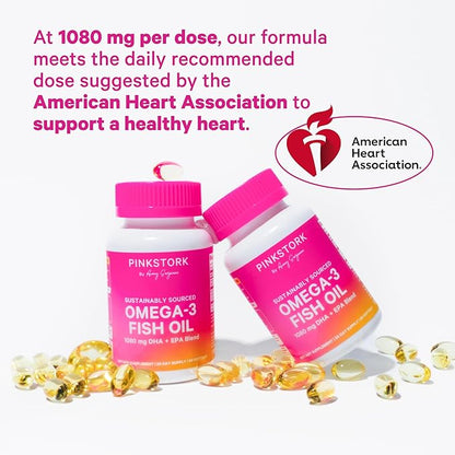 Pink Stork Omega 3 Fish Oil Supplements for Women with DHA and EPA - High Potency Burpless Omega-3 Supplement for Cognitive Health - 60 Softgels