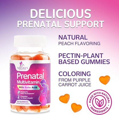 Prenatal Gummy with Folic Acid, Prenatal Vitamins and Minerals for Fetal Support, Vitamin A, C, D3, B12, B6 & Folate, Prenatal Multivitamin for Pregnant & Nursing Women - 60 Gummies, 30 Day Supply