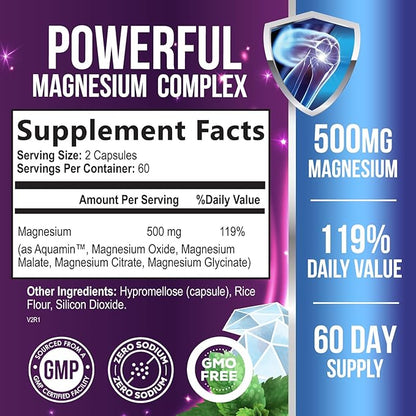 Magnesium Supplement Citrate Capsules 500mg with Glycinate, Oxide, Malate, Citrate - for Muscle, Nerve, Bone and Heart Health Support - High Absorption Glycinate Complex, Gluten Free - 120 Capsules
