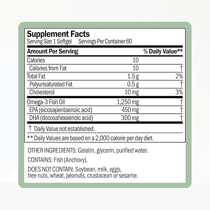 Omega-3 Fish Oil Supplement | Supports Heart and Eye Health | 450mg EPA, 300mg DHA | Promotes Brain Function | Ideal for Daily Wellness Routine | Omega 3 Fatty Acid | 60 Softgel Capsules