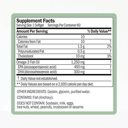Omega-3 Fish Oil Supplement | Supports Heart and Eye Health | 450mg EPA, 300mg DHA | Promotes Brain Function | Ideal for Daily Wellness Routine | Omega 3 Fatty Acid | 60 Softgel Capsules