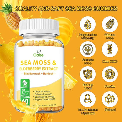 Sea Moss Gummies for Adults and Kids, 2000mg Raw Seamoss, Bladderwrack, Burdock Root, Elderberry, Pepper, Vitamin C & D3, Zinc Supports Immune System & Boost Energy (1-Pack)