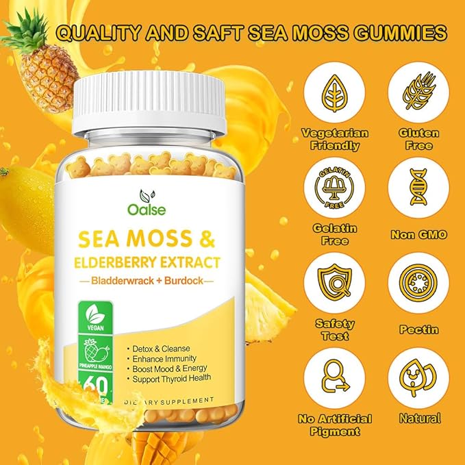 Sea Moss Gummies for Adults and Kids, 2000mg Raw Seamoss, Bladderwrack, Burdock Root, Elderberry, Pepper, Vitamin C & D3, Zinc Supports Immune System & Boost Energy (2-Pack)