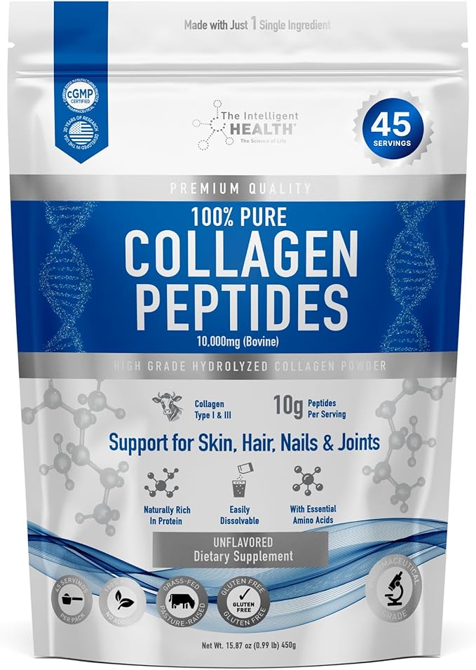 Collagen Peptides Powder, 45 Servings, Hydrolyzed Collagen, Type I & III, Grass Fed, Unflavored, Gluten Free, Keto/Paleo, 10g Servings, 15.9 Oz, Skin Support, Hair, Nail, Joints